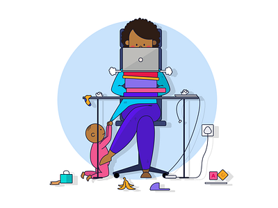 WORKING FROM HOME - Reality 🧘🏾‍♀️ art blue chair chaos child design desk graphic illustration illustrator laptop mess new parent pink stress toddler vector work work from home