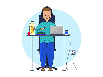 WORKING FROM HOME - Multitasking art blue design desk food graphic home office illustration laptop pink sandwich vector wfh work working working from home