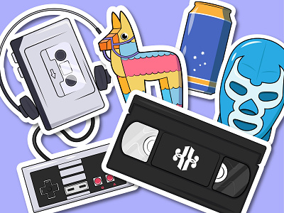 Juguette Sticker Pack beer can controller culture flat illustration luchador mask mexican nintendo packaging pinata players set sticker vector vhs walkman