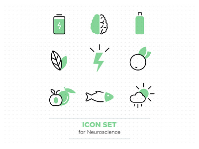 Brand icon set apricot battery bottle brain cloud energy fish fruits icons leaves mood sun