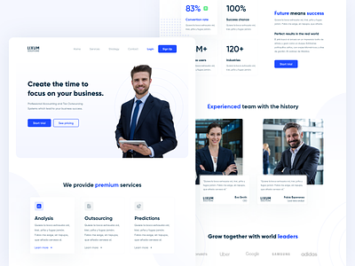 Accounting agency landing page blue business clean clear homepage inspiration landing landing page minimalist modern office page design product site ui ux web webdesign website white