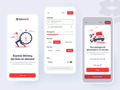 Delinute - Express delivery mobile app android app application branding clean contrast design idea illustration inspiration ios iphone modern picker red smooth trends ui ux white