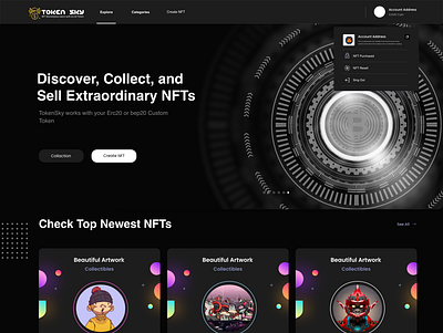 Token Sky-NFT Marketplace works with ERC20 Full NFT Marketplace adobe xd android android app branding design erc20 erc721 ether flutter illustration ios logo nfts ui