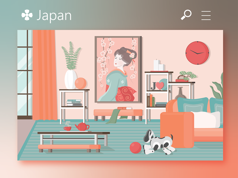 Japanese interior red coral flat web design illustration illustrator japanese art japan interior
