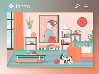 Japanese interior coral flat illustration illustrator interior japan japanese art red web design