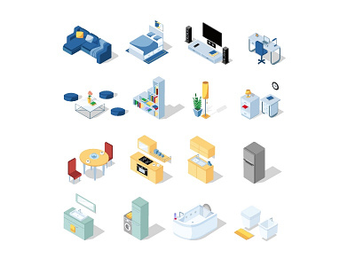 Apartment Interior Isometric Set apartament blue dribbble furniture illustration illustrator interior isometric isometric design isometric illustration isometry new vector