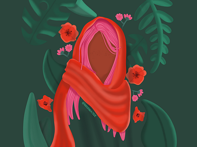 Red-scarf girl arabic beauty bright cover floral flowers girl green hijab hijabi illustration indian jungle leaf leaves marwative pink red sketchbook woman