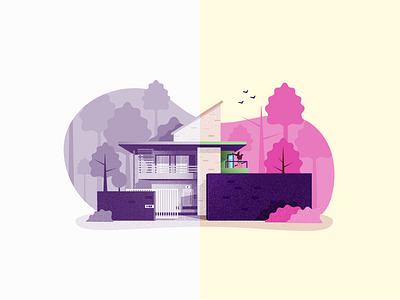 House in Forest architect clean colour house illustration minimalistic monochromatic pink purple simple vector