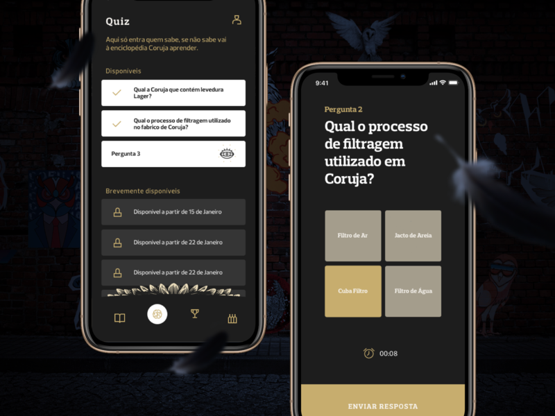 Coruja App 2d app branding clean coruja dark app dark ui design minimalistic owl portugal super bock ui ux