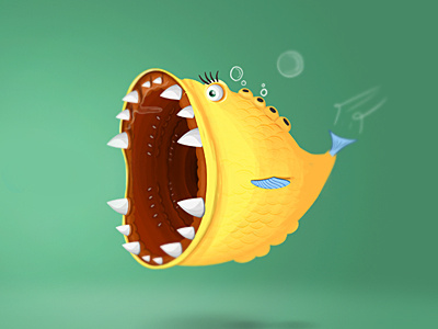 Big Fish, big mouth big cintiq digital eating fish green mouth open painting round teeth wacom yellow