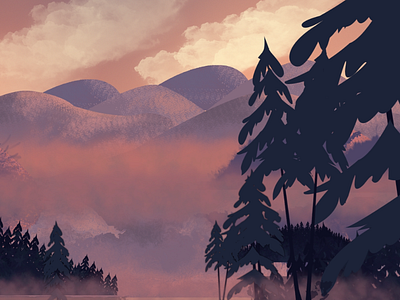 Warm evening on the lake art canada color creative design evening fog friends holidays illustration illustrator lake landscape mountains nature pink summer trees warm wood