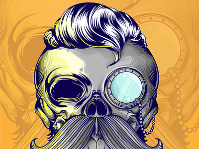 Hand drawing skull with mustache and hipster style