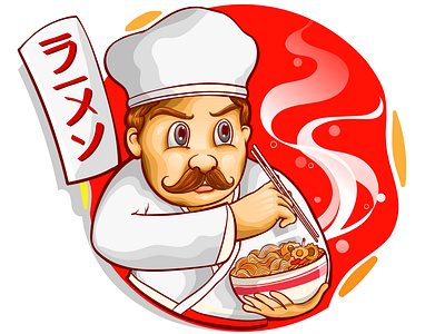 japan chef mascot eat ramen animation art branding character chef design draw element food graphic icon illustration japan logo mascot noodle ramen vector vector illustration