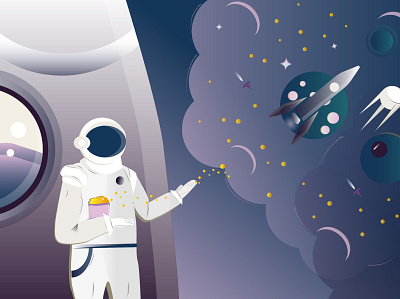 An astronaut in space with popcorn in his hands astronaut illustrator popcorn space