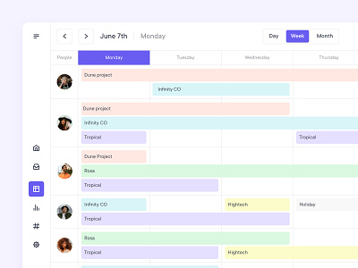 Management tool - Weekly view calendar design management meeting navigation project management sidebar task team timeline tool users webapp
