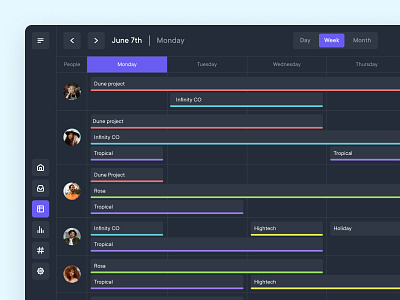 Management tool - Weekly view - Dark mode calendar color dark dark mode design management meeting mode navigation project management task team timeline tool user web app