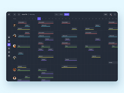 Management tool - Monthly view - Dark mode calendar dark dark mode darkmode design management meeting mode navigation organization project management sidebar tool user users