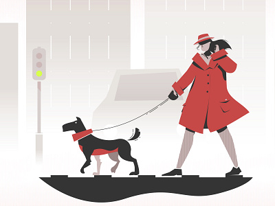A Walk with the dog animal car city coat comunism crossing dog dribbble fog grey light red road sad skyscrapers socialism together vector walk wind