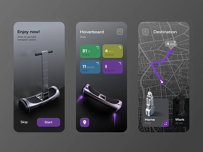 Hoverboard Interaction App 3d app application battery bluetooth concept design hoverboard interface map mobile onboarding scooter transport ui user experience user interface ux