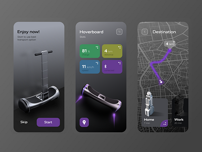 Hoverboard Interaction App 3d app application battery bluetooth concept design hoverboard interface map mobile onboarding scooter transport ui user experience user interface ux
