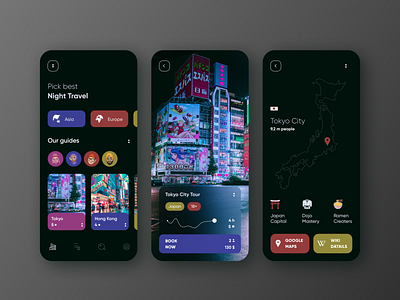 Night Travel Mobile App app application china club concept dark mode dark ui design interface japan map night nightclub tour tourism travel ui user experience user interface ux