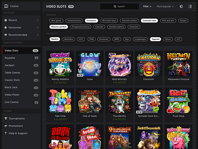Game Filtering casino categories dark features filter flat games providers tags thumbnails