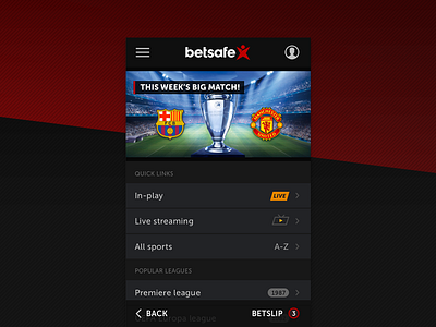 Sportsbook Home Screen - Mobile app betslip dark flat football gambling home screen live mobile sports sportsbook
