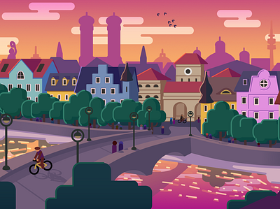 Munich Sunset art bicycles city cityscape illustration munich pink purple river sunset travel vector