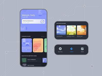 Meditation for walking clean design clean ui dark mode focus app meditation mindfulness night mode