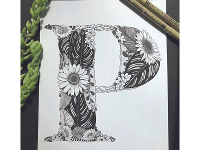 Floral 'P' design graphic design hand lettering illustration lettering pen and ink sunflowers
