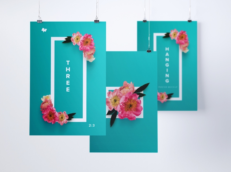 Download Three 2:3 portrait poster mockup, hanging by Original Mockup on Dribbble