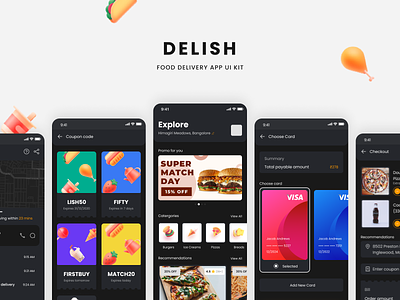 Delish - Food Delivery App UI Kit cart coupons dark figma food app ios payment profile page resource ui kit
