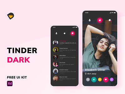 Tinder Dark Redesign - Free Download adobe xd android chat clean ui dark ui dating ios mobile onboarding profile page sign in tinder ui kit