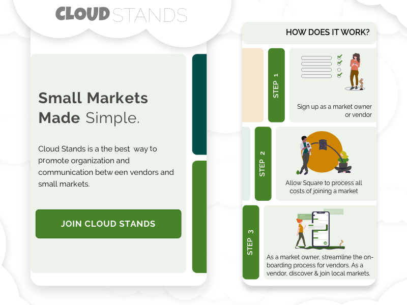 Cloud Stands landing page homepage webapp mobile ui mobile app mobile design vendors vendor flea market farmers market markets ui design ui ux adobe xd undraw illustration ux design lambda school