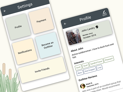 Hunting & Fishing App app dailyui dailyui007 dailyuichallenge fishing hunter hunting outdoors outdoorsman profile settings settings page sketch ui design ux design