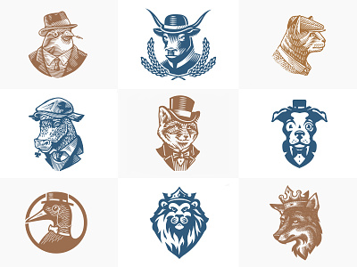 Animals with hats animals cat collection cow dog fox hat illustration lion logo vintage