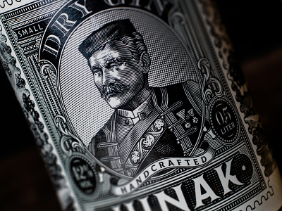 Junak Dry Gin bottle design drawing engraving gin graphic design illustration label packaging portrait postage stamp vintage
