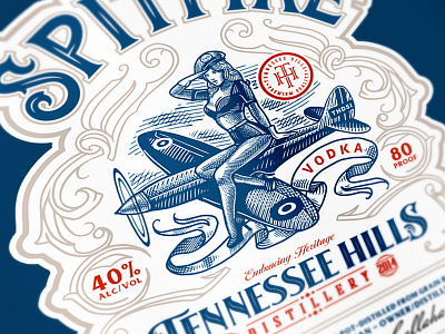 Spitfire Vodka / Tennessee Hills distillery drawing girl illustration label pinup vintage vodka