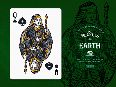 Earth / Queen of Spades card deck design illustration planets playing cards