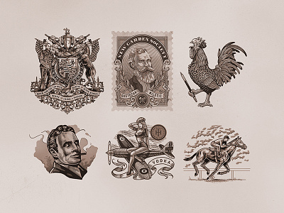 Illustrations: Collection 1 coat of arms crosshatching drawing engraving illustration man rooster stamp victorian vintage