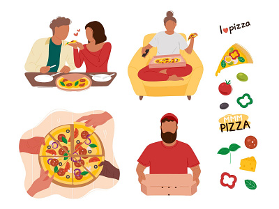 Pizza lovers art cartoon character collection couple design eating elements fast food flat food graphic design illustration lover man objects pizza set vector woman
