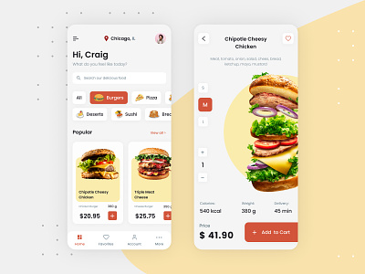 iOS Food app | Search & product page app card cart design ecommerce filter ios ios app navbar order playful product product page search shop