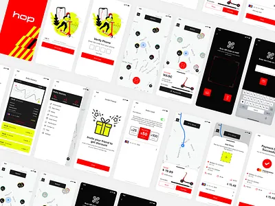 Hop Scooter Mobile App Pages - Case Study app design e scooter hop illustration map minimal mobile app neon payment qr scan scooter ui ux