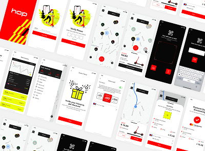 Hop Scooter Mobile App Pages - Case Study app design e scooter hop illustration map minimal mobile app neon payment qr scan scooter ui ux