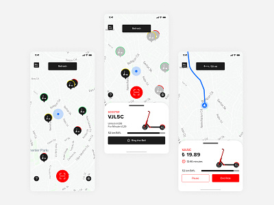 E-Scooter Mobile App - Find and Ride Screens app design e scooter illustration map minimal mobile mobile app ride riding scooter ui ux vector