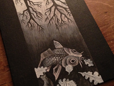 Homage to Escher (work in progress) acrylic black canvas escher fish paint painting white