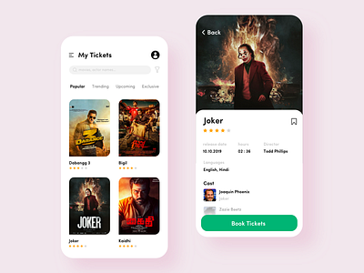 Movie ticket booking app android android app design animation app booking branding design illustration ios joker logo mobiel movie online ticket ui ux vector web