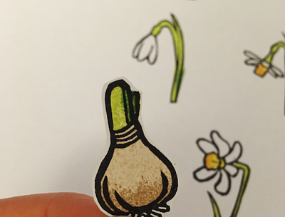 Day 7: from bulb to daffodil handprinted linocut print sketchbook stamp