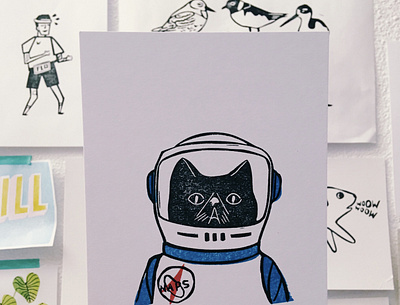 Day 9: space cat linocut print printmaking sketchbook stamp