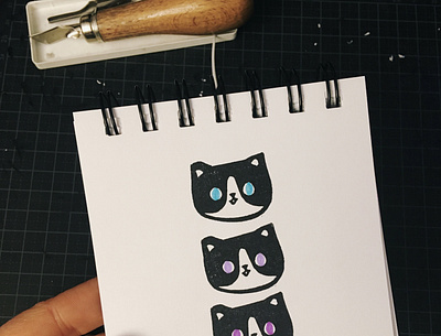 Day 10: blue eyed cat cat linocut printmaking sketchbook stamp